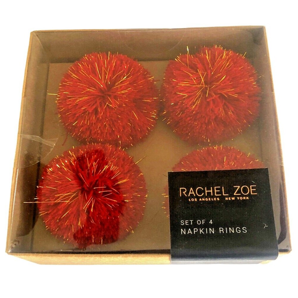 Rachel Zoe Christmas Napkin Rings Pom Pom Red Gold Holiday Set Of 4